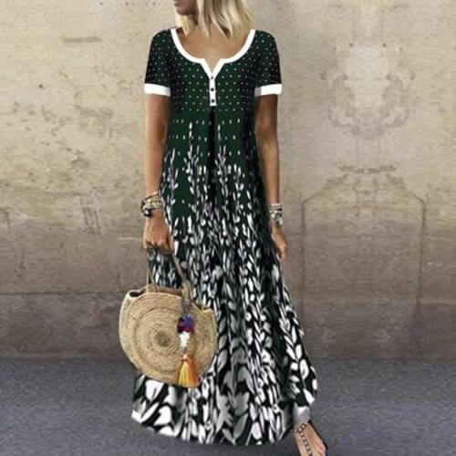 Spring Summer Casual Womans Dress V-neck Short Sleeve Loose Long Dress Button Cotton Maxi Plus Size Ladies Clothing Vestidos