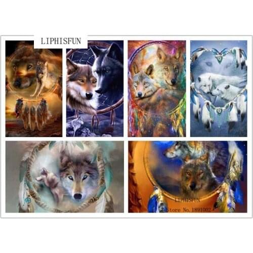 Full Square Diamond 5D DIY Diamond Painting "Wolf Deamcatcher" 5D Embroidery Cross Stitch Feather Home Decor