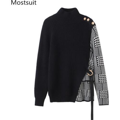 Women Houndstooth Patchwork Pullover Sweater Women Full Sleeve Half-turtleneck Buttons Korean Fashion Office Tops Sweaters 2020