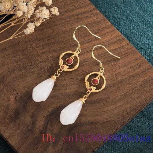 White Jade Flower Earrings Gifts Charm Jewelry Fashion Zircon Crystal Chalcedony 925 Silver Amulet Women Natural Gemstone