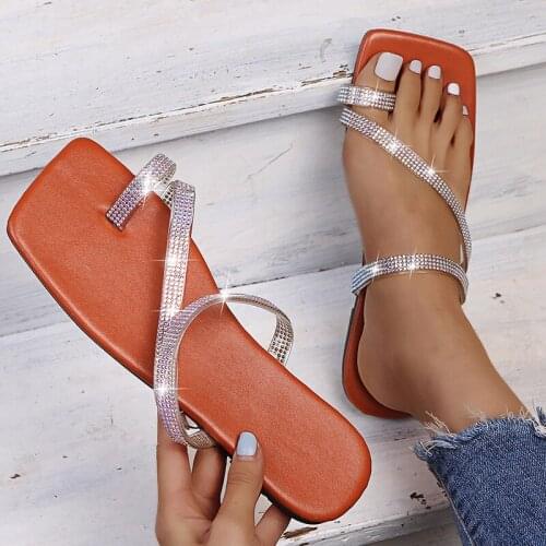 Square Toe Drill Flat Slippers Womens Flat Transparent Beach Slippers Summer Women Ladies Fashion Beach Flip Flops Sandals