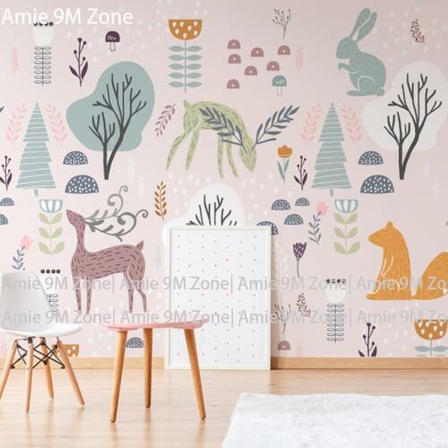 Light cream background cartoon design zoon animals trees customerize size mural wallpapers baby background wall-papers