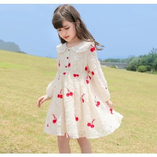 Spring Girls Princess Dresses Cotton Kawaii Doll Collar Cherry Dresses Long Puff Sleeve Kids Dresses for Girls Children Clothing