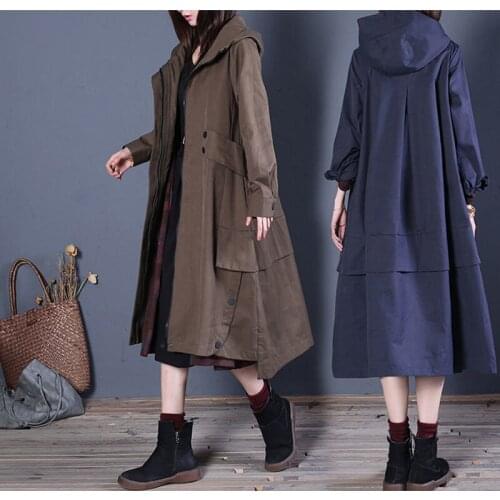 Windbreaker Womens 2021 Autumn Winter New Products Solid Color Hooded Jacket Female Mid-Length British Style Coat Ladies A194