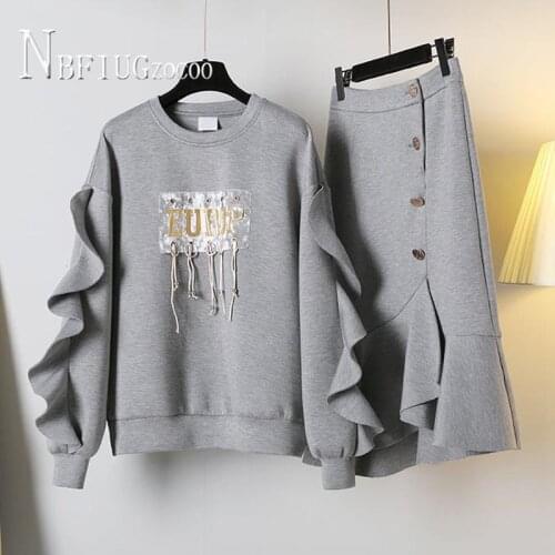 Women Skirt Suits Autumn Korean Two Pieces Set Round Neck Long Sleeve Blouse and Skirt Female Sets