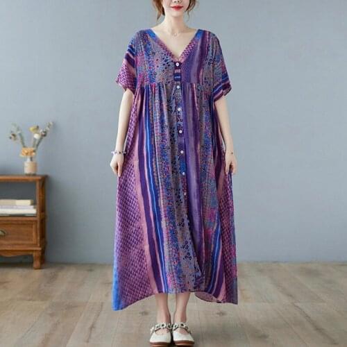 Oversized Women Summer Loose Casual Dress New Arrival 2021 Vintage Style V-neck Print Female Cotton Linen Long Dresses B679