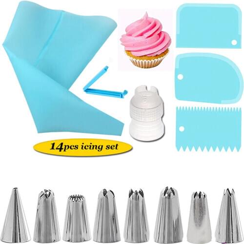 14Pcs DIY Cake Decorating Baking Tools Reusable Piping Nozzles Set Pastry Bag Scraper Cream Tips Converter Kitchen Accessories