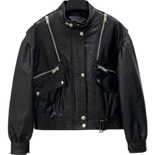 2021 Autumn New Leather Clothes Womens Short Heavy Industry Loose Leather Jacket Sheep Skin Locomotive Casual Coat