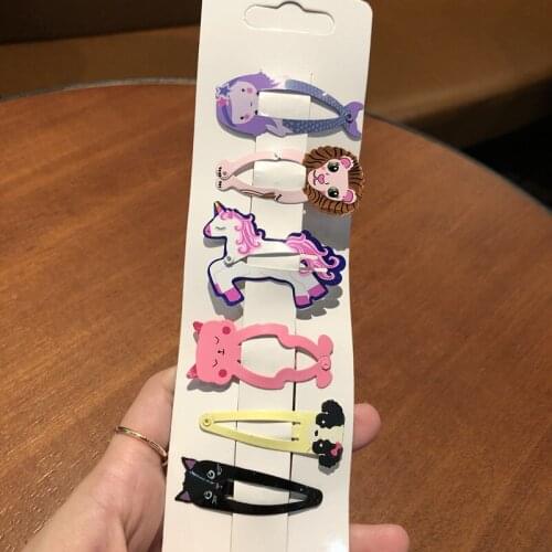 6PCS Baby Cartoon Mermaid Character Unicorn Animal Figure Hairpin Fruit Shell Shape Pineapple Print Metal Barrette Headwear Gift