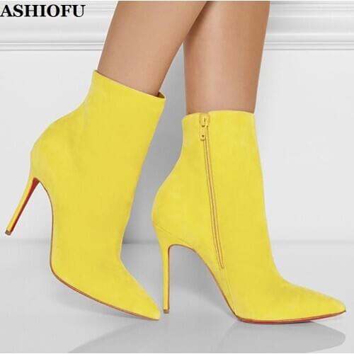ASHIOFU Hot Style Handmade Women High Heel Boots Sweet Pointy Party Prom Ankle Boots Side-zipper Evening Fashion Short Boots
