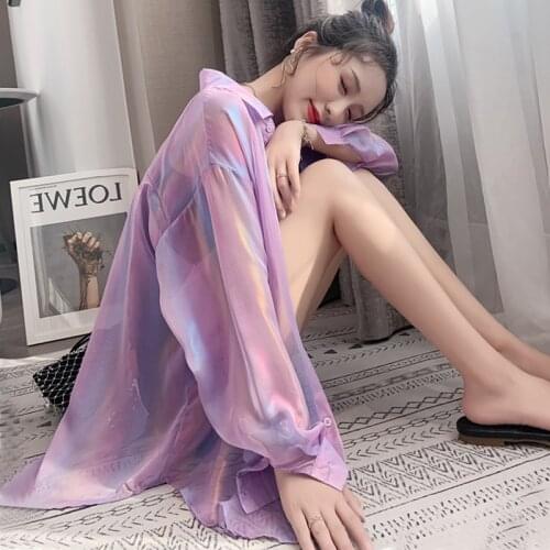 Shiny Women Thin Blouse Chic Shirt Stylish Unique Reflect Harajuku Summer Sunproof Vintage Chic Punk Sexy Tops Club Women Shirt