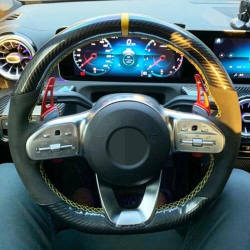 Car Steering Wheel Cover Hand-Stitched Non-Slip Black Carbon Fiber Suede For Mercedes-Benz A-Class W177 2018-2019