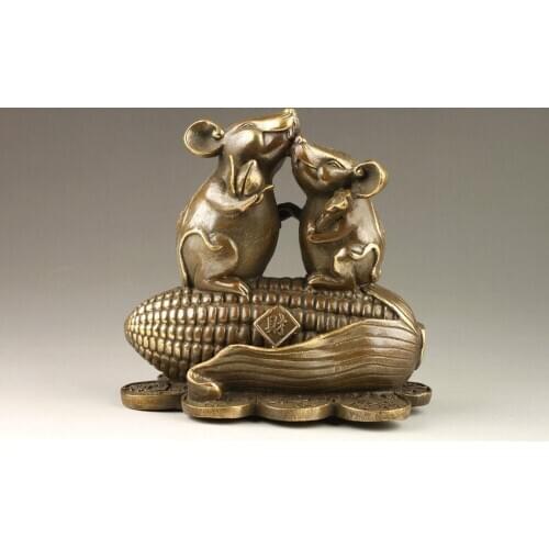 Decoration brass factory Pure Brass Antique Exquisite Rare Chinese Handmade Corn Mice Copper Statue