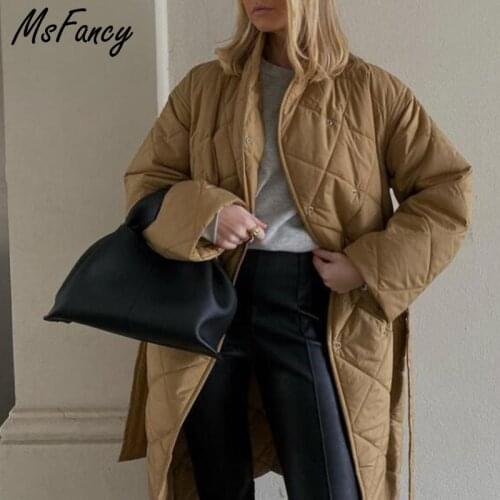 Msfancy Winter Long Parkas Women Vintage Stand Collar Quilted Coats Femme 2021 Double Breasted Tunic Bandage Jacket Outwear