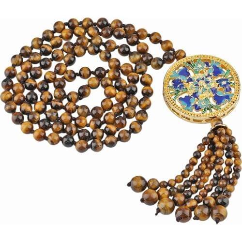 SUNYIK Tigers Eye Stone 6mm Beads Bracelet Necklace with Round Pendant Beaded Tassel