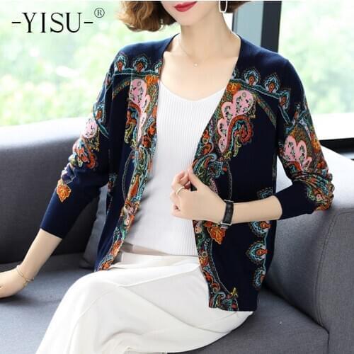 YISU Cardigan Sweater Women Autumn Winter Loose Pattern Print Cardigan Coat V-neck Long Sleeve Sweaters Knitted Cardigan