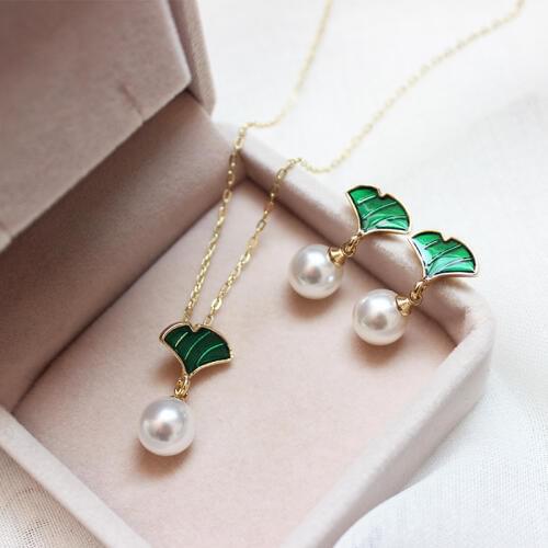 Pearl Jewelry Set Ginkgo Biloba Necklace and Stud Earring 2019 New Fashion Accessory Wholesale Gifts For Girls Women