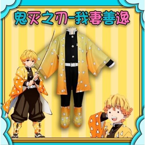 Agatsuma Zenitsu cos Demon Slayer anime kids/child cosplay High-quality Kimono fashion costume set Top + pants + coat + belt