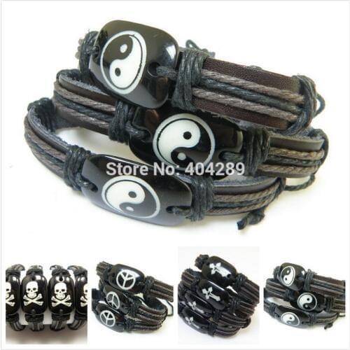 1 pcs Handmade Wolf Head Leather ID Bracelet Bangles,Dragon Yin Yang Cross Peace Surfer braclet Dropshipping