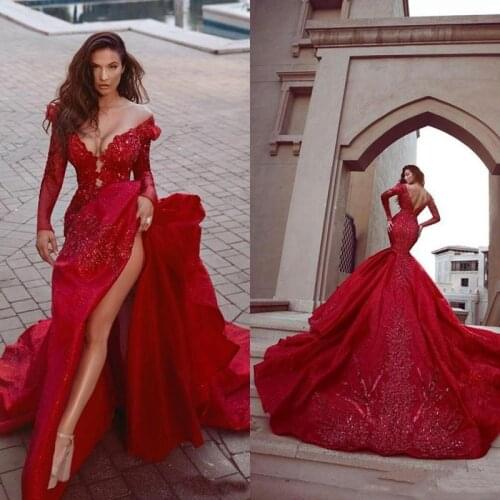 2021 red mermaid PROM dress high side open gown open rear applique lace long-sleeved formal party dress elegant