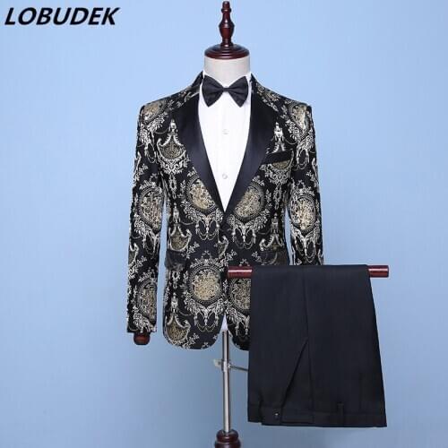 Mens 2 Piece Wedding Suits Vintage Groomsman Embroidery Jacquard Tuxedo Suit Stage Male Singer Host Performance Costume Formal