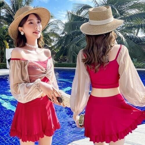 2021 New Korean Sexy Bikini Two Pieces Swimsuit Women Lace Long Sleeve Swimwear Bikini Set Bathing Suits Push Up Swimskirt