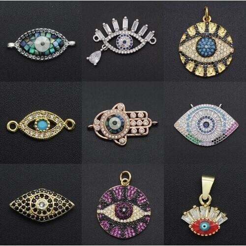 New Diy Evil Eye CZ Charms Wholesale Necklace Pendant Cubic Zircon Hamsa Hand Connector For Jewelry Bracelet Making