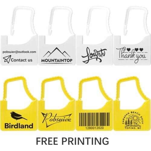 Pobsuier 100 Custom Security Tag Personalized Plastic Garment Brand Logo White Hang Label Tags for Clothing Shoes Bag Logistics