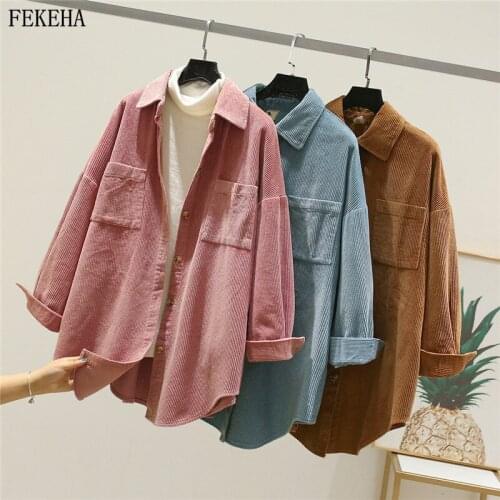 Autumn Winter Corduroy Shirts Women Loose Blouses Retro Long Sleeve Lady Tops Female Clothes Outwear Solid Two Pockets