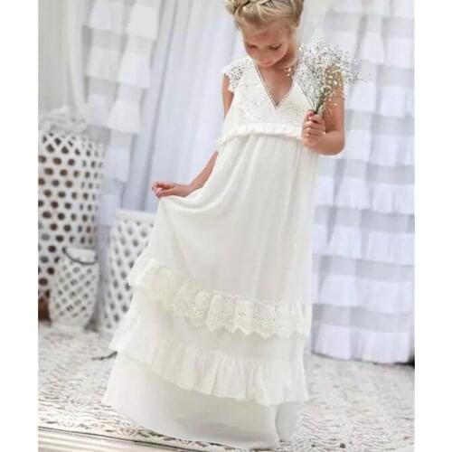 Boho Flower Girl Dresses A Line Full Length V Neck Lace Birthday Party Dress for Kids Elegant Special Occasion Gowns for Girls