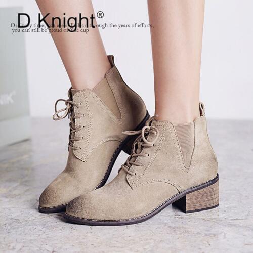 Vintage Genuine Leather Women Ankle Boots New Fashion Pointed Toe Lace Up Middle Height High Heels Motorcycle Boots Short Boots