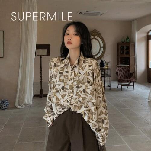 SUPERMIRE*2021 New Women Za Blouse Shirt Long-Sleeve Geometric Printed Tops Oversized Korean Fashion Office Lady Style Spring
