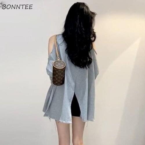Long Sleeve T-shirts Women Fashion O-neck Off Shoulder Femme Patchwork Design Solid Simple Side Split Streetwear Summer Ulzzang