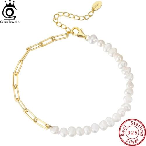 ORSA JEWELS 925 Sterling Silver Unique Paperclip Link Chain Bracelet with Pearl for Women Fashion 14K Gold Bracelet Jewery GPB01