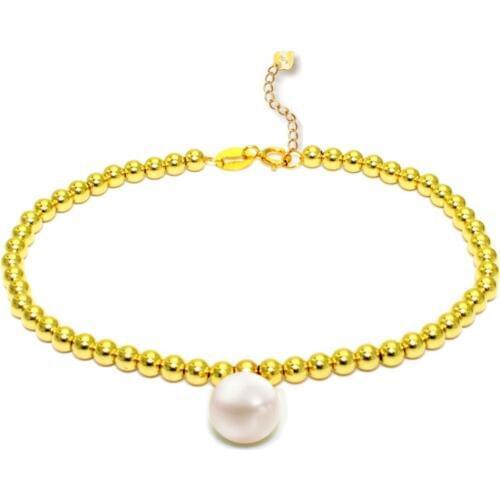 Sinya 3mm18k gold beads strand bracelet for women girls Mum lover length 16+2cm can adjustable Round pearl diameter 8.5mm