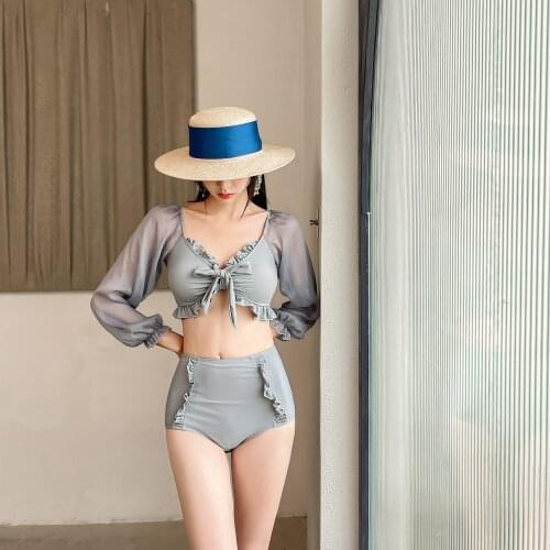 Korean Style Women Two Piece Swimsuit Tankini Set Bikini Set Long Sleeve Solid Padded Swimwear Top High Waist Bottom Beachwear