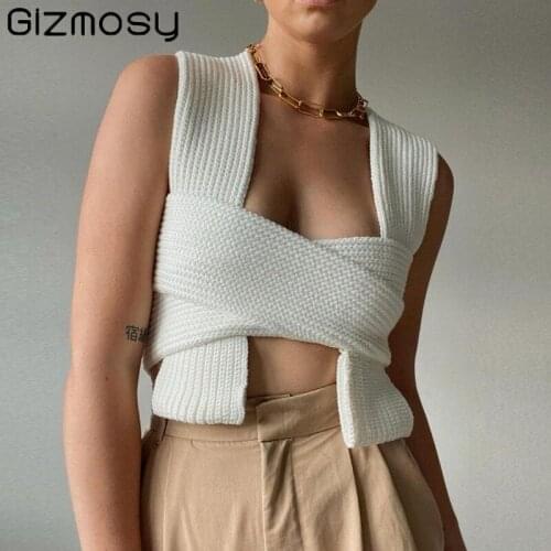 Gizmosy 2021 Sleeveless Knitted Crop Sweater Sexy Spring Summer Fashion Vest Black Casual White Jumper Top Female Pullover Y2K