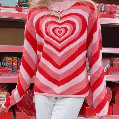 Women Fashion Pink Love Heart Print Sweater Female Casual Loose Long Sleeve O-neck Knitted Pullover for Autumn Winter