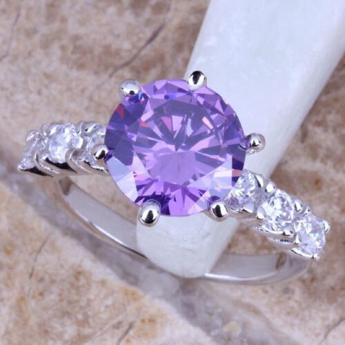 Pretty Purple Cubic Zirconia White CZ Silver Plated Womens Jewelry Ring Size 6 / 7 / 8 / 9 R0702