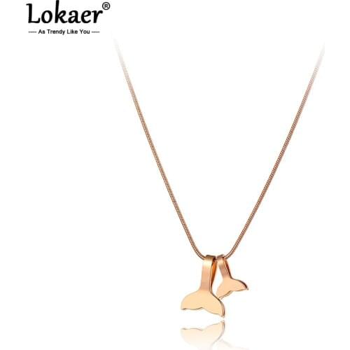 Lokaer Bohemia Design Rose Gold Double Fish Tail Charm Pendant Necklaces For Women Trendy Stainless Steel Animal Necklace N20170