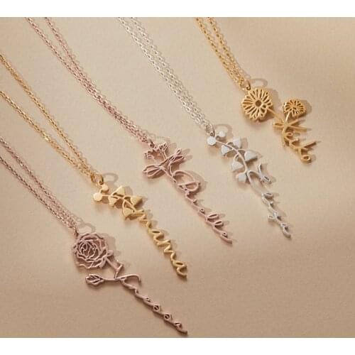 Gold Chain Custom Name Necklace Personalized Jewelry Birth Flower Dangle Floral Name Charm Necklace Mothers Day Christmas Gift