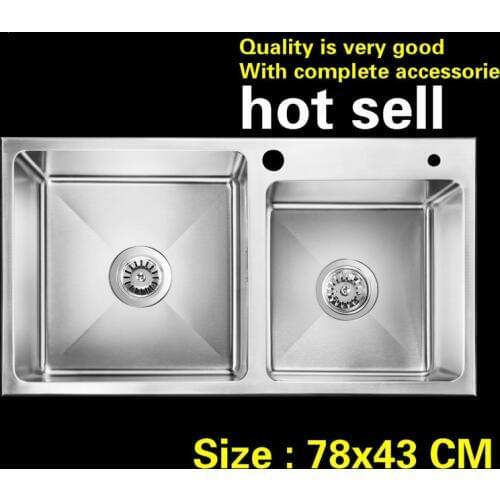 Free shipping Household luxury kitchen manual sink double groove do the dishes durable 304 stainless steel big hot sell 78x43 CM