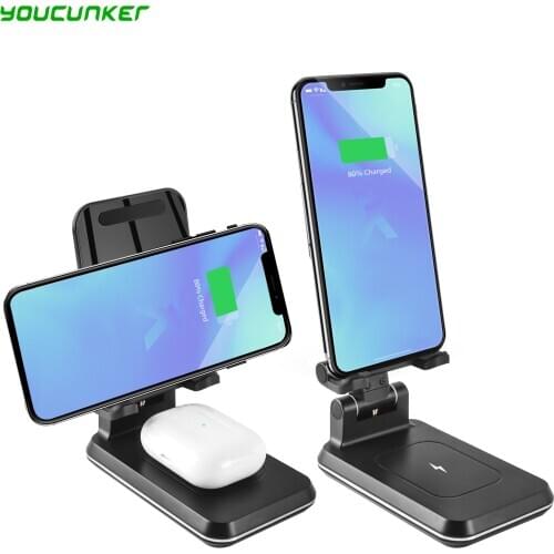 2 In 1 Wireless Charger Stand Adjustable Phone Holder 10W Qi Fast Charging For iPhone 11 XS XR X 8 Airpods Pro Samsung S20 S10
