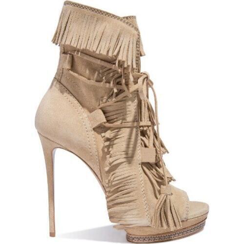 Summer Beige Suede Fringed High Heel Ankle Boots Open toe Lace-up Ankle Boots Summer Fashion Tassel Gladiator Sandal Boots
