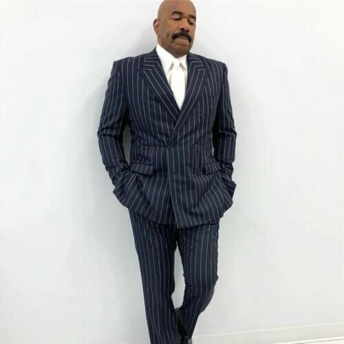 Double Breasted Pinstriped Mens Coat Suits Plus Size Custom Made Formal Business Best Man Jacket Blazer 2 Pieces ( Jacket+Pants)