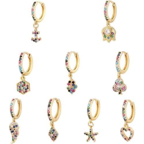 HECHENG,1Piece ,Small Hoop Earring, Women ,CZ Rainbow Jewelry ,Gold Color,Flower leaf heart mini charm jewelry