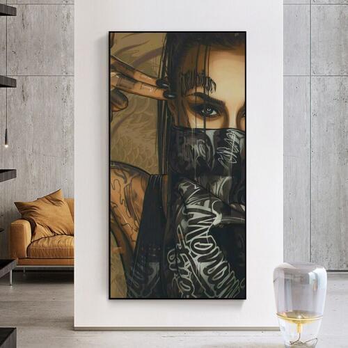 Wearing Mask Woman Oil Painting on Canvas Posters and Prints Tattoo Girl Wall Art Picture for Living Room Cuadros Home Decor