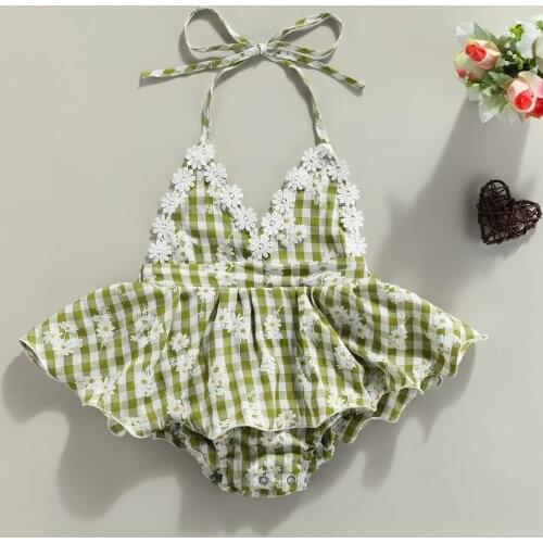 0-24M Summer Flower Baby Girl Rompers Newborn Infant Girls Lace Plaid Jumpsuit V neck Clothing Outfits