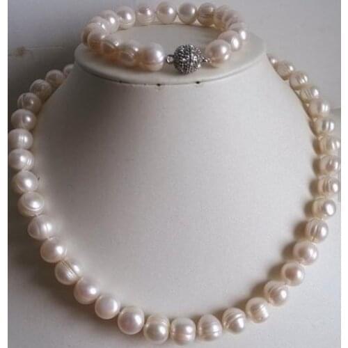 Pearl Jewelry Set 10-11mm White Color Freshwater Pearl Necklace Bracelet White Crystal Magnet Clasp