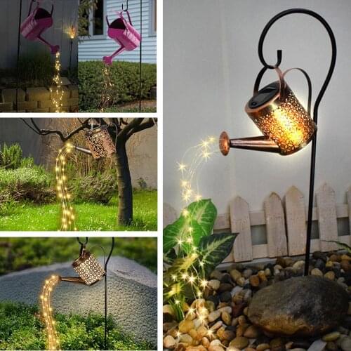 Wrought Iron Hollow Lamp Metal Solar Watering Can Sprinkles Fairy Light LED Outdoor Garden Waterproof Shower Light Decoration